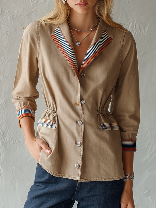 Women's Washed Cotton Peplum Jacket Striped Trim Cinched Waist Shell Buttons