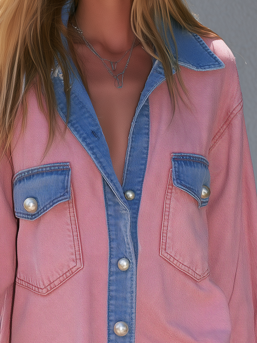 Women's Oversized Pink Denim Shirt Dress Contrast Collar Striped Ribbed Cuffs