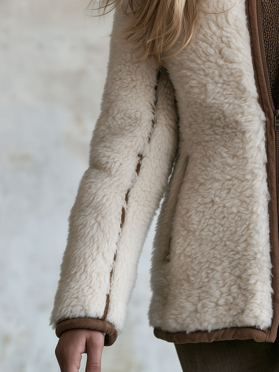 Retro Casual Cream-colored Faux Lamb's Wool Brown Color-blocked Trim Stand Collar Zip-up Jacket