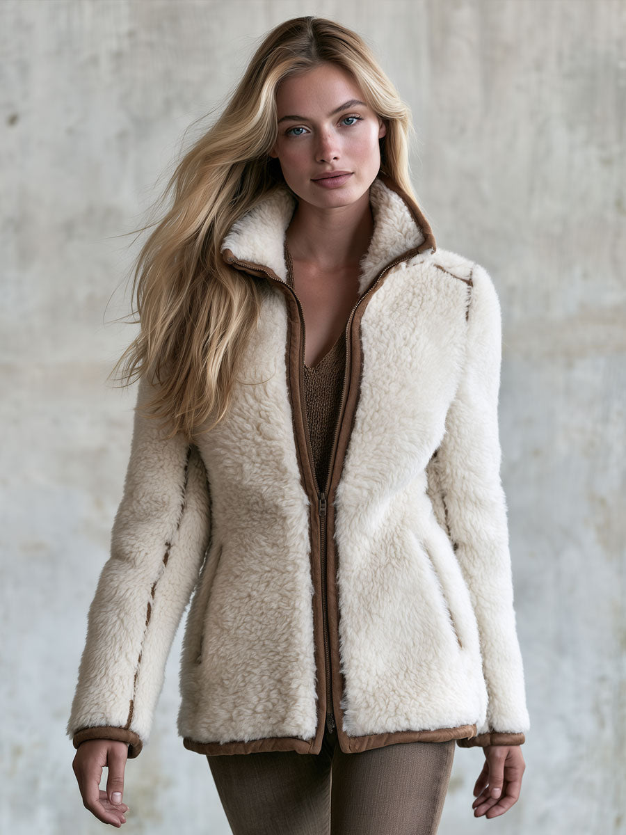 Retro Casual Cream-colored Faux Lamb's Wool Brown Color-blocked Trim Stand Collar Zip-up Jacket