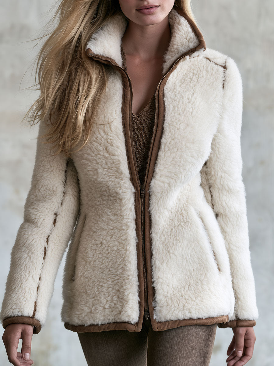 Retro Casual Cream-colored Faux Lamb's Wool Brown Color-blocked Trim Stand Collar Zip-up Jacket