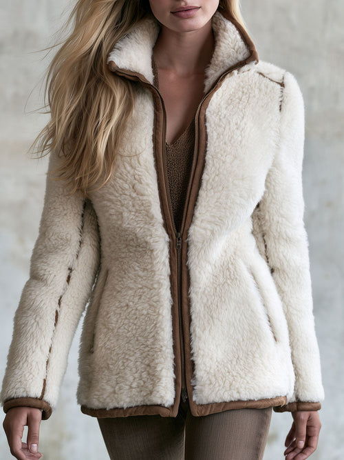 Retro Casual Cream-colored Faux Lamb's Wool Brown Color-blocked Trim Stand Collar Zip-up Jacket