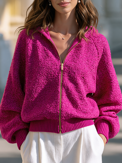 Ribbed Hem Gold Zip-Up Hoodie Bouclé Jacket
