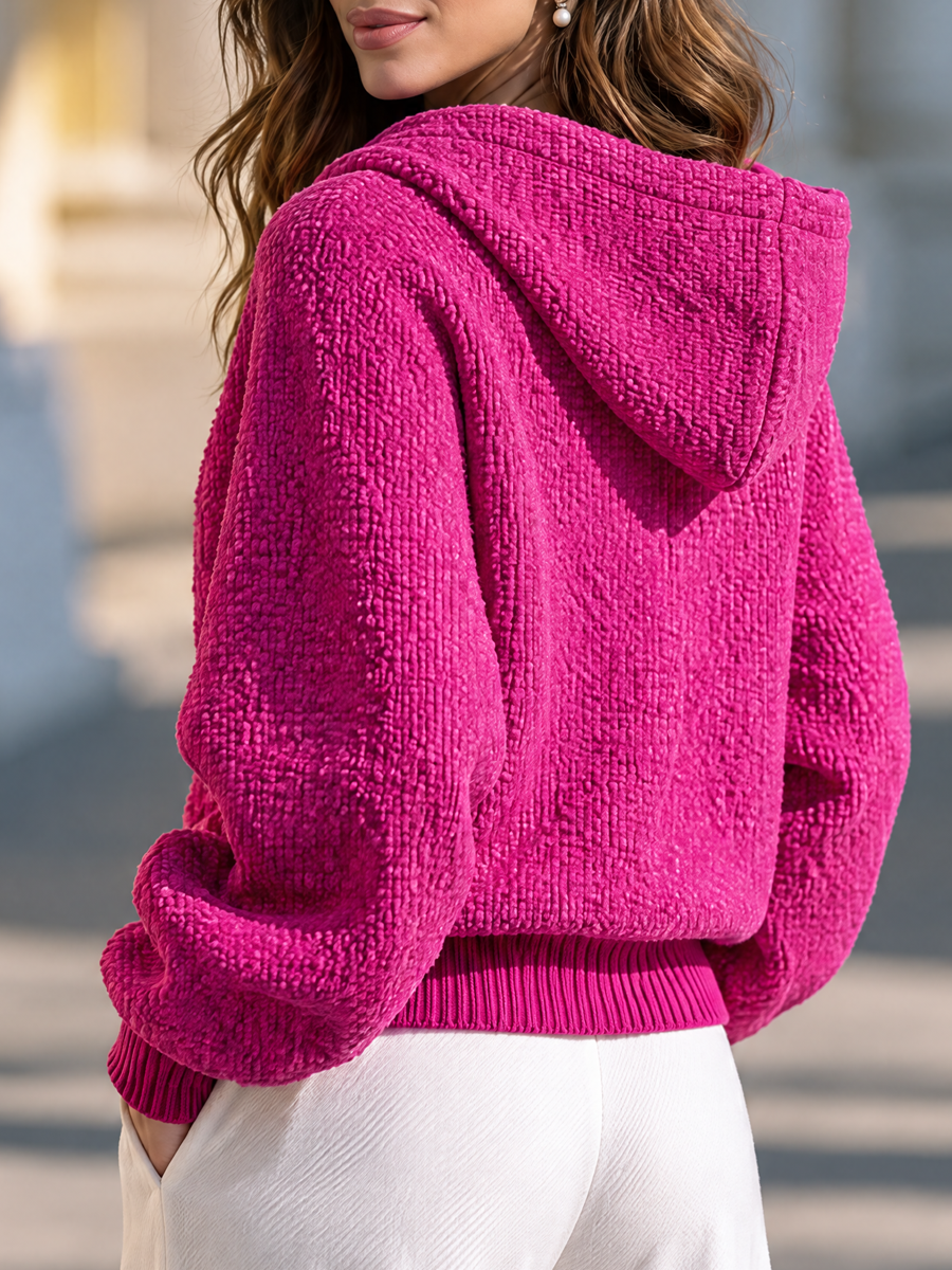 Ribbed Hem Gold Zip-Up Hoodie Bouclé Jacket