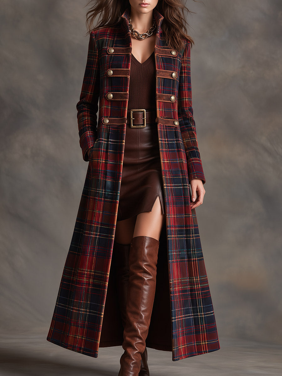 Women's Tartan Plaid Military Style Long Velvet Coat