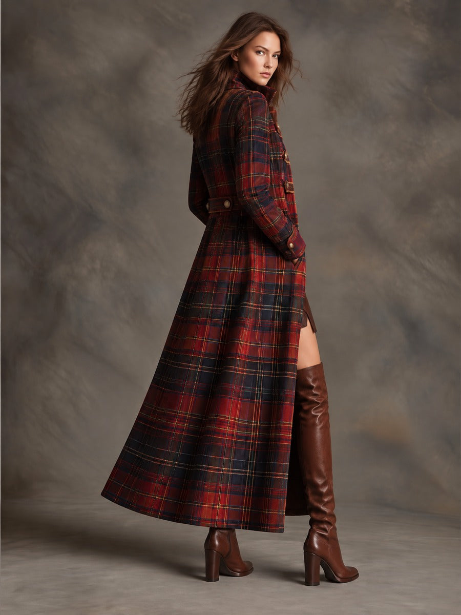 Women's Tartan Plaid Military Style Long Velvet Coat