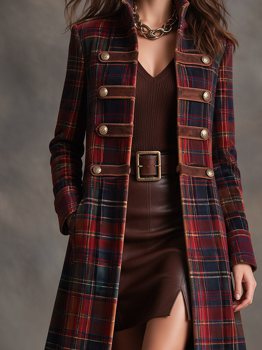 Women's Tartan Plaid Military Style Long Velvet Coat