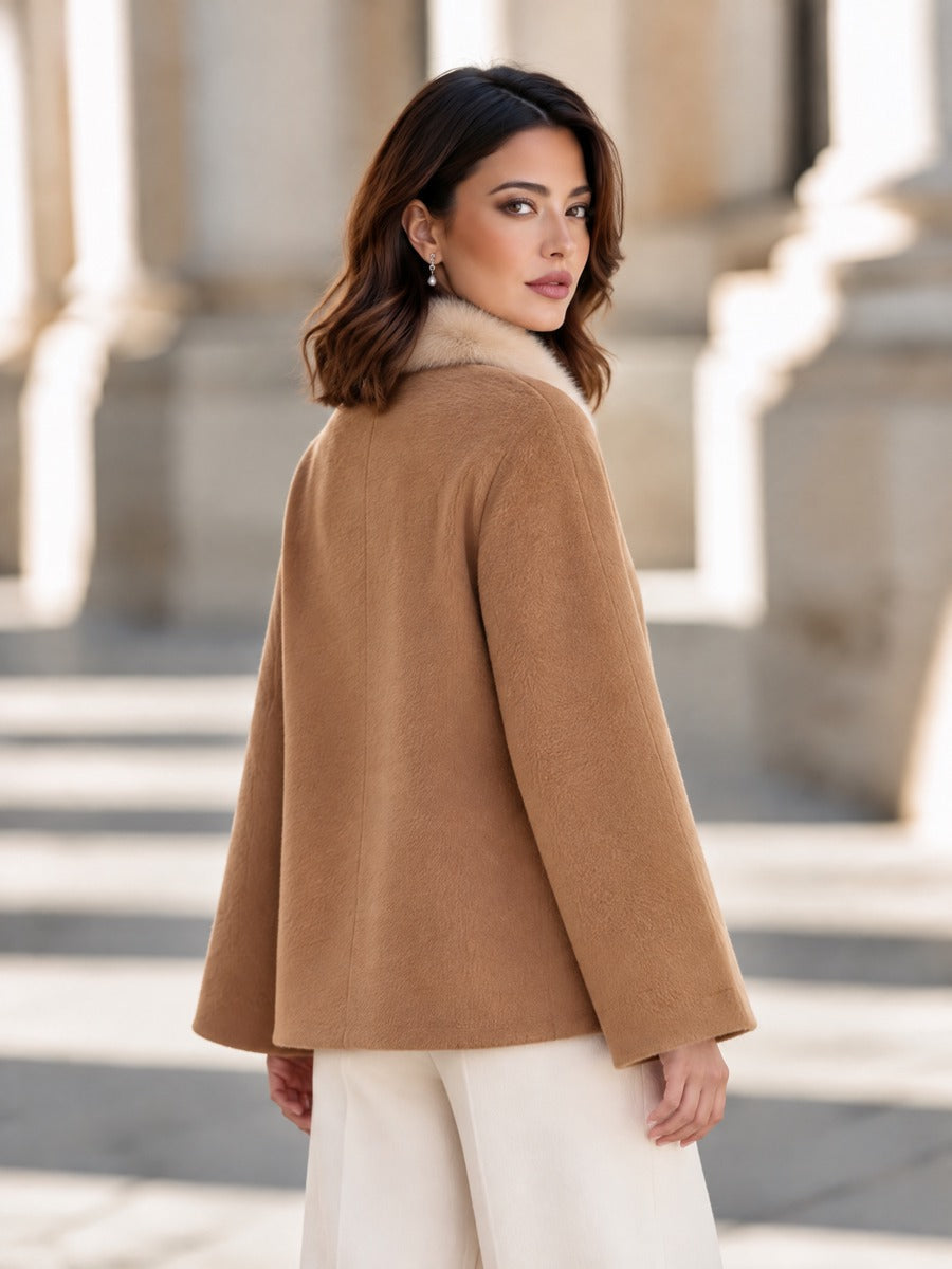 Elegant Fur-Trim Collar Button-Front Cape Short Coat