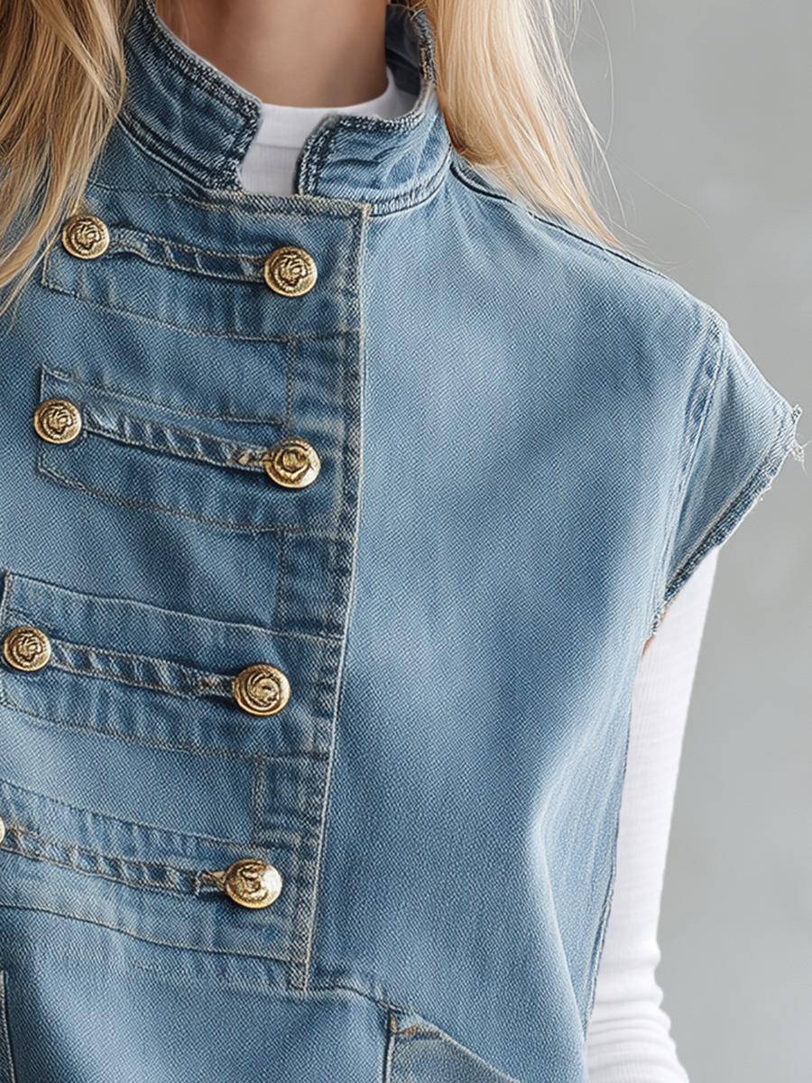 Women's Denim Military Top Cap Sleeve Gold Buttons Raw Edge Boxy