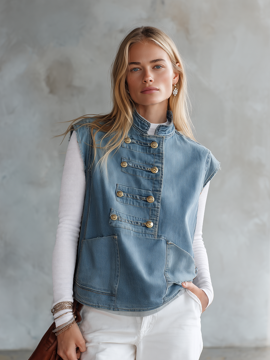 Women's Denim Military Top Cap Sleeve Gold Buttons Raw Edge Boxy