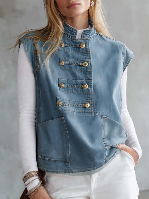 Women's Denim Military Top Cap Sleeve Gold Buttons Raw Edge Boxy