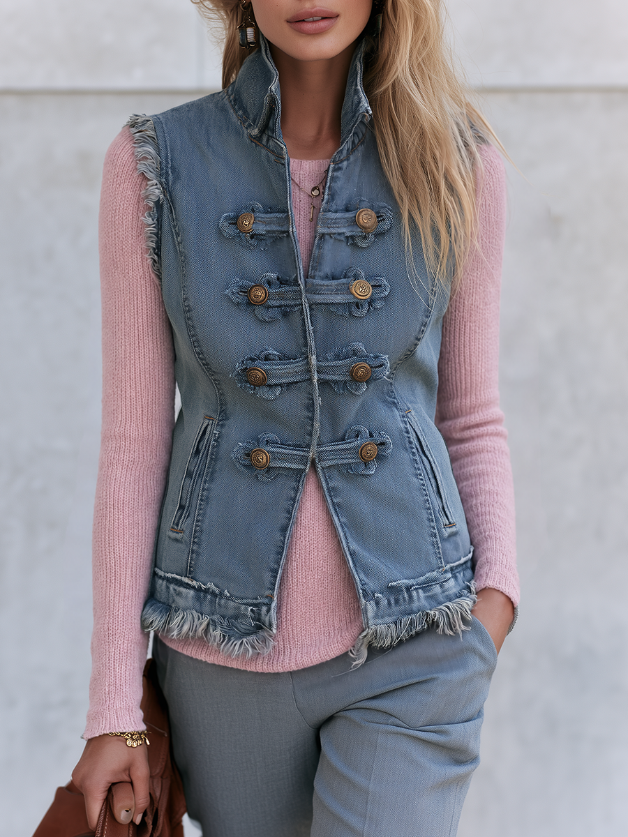 Women's Denim Military Vest Stand Collar Brass Buttons Frayed Raw Edge
