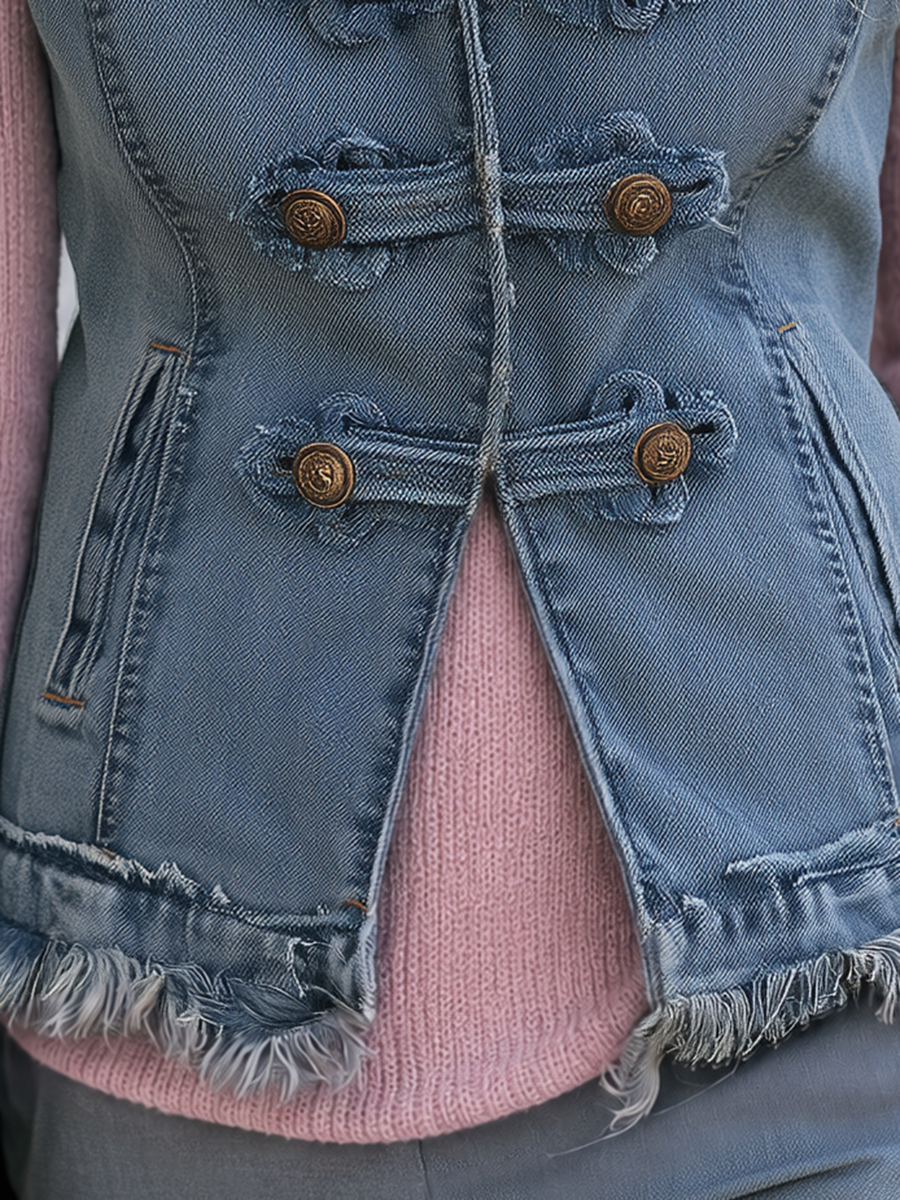 Women's Denim Military Vest Stand Collar Brass Buttons Frayed Raw Edge