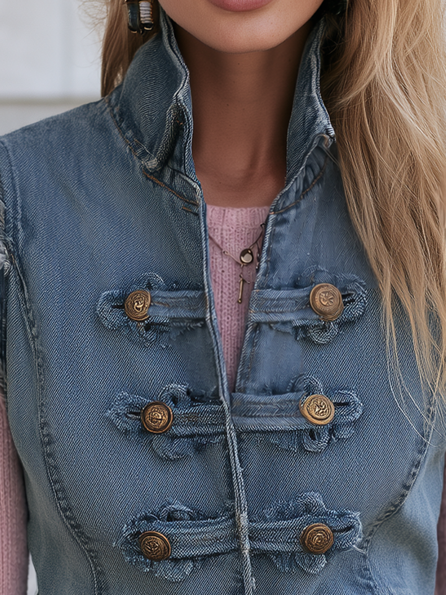 Women's Denim Military Vest Stand Collar Brass Buttons Frayed Raw Edge