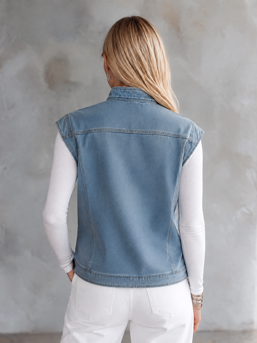 Women's Denim Military Top Cap Sleeve Gold Buttons Raw Edge Boxy