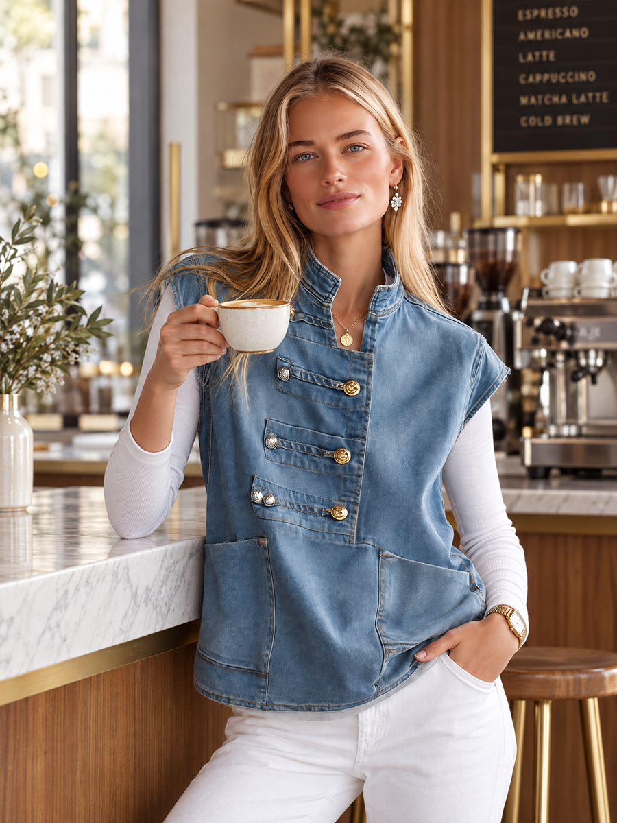 Women's Denim Military Top Cap Sleeve Gold Buttons Raw Edge Boxy