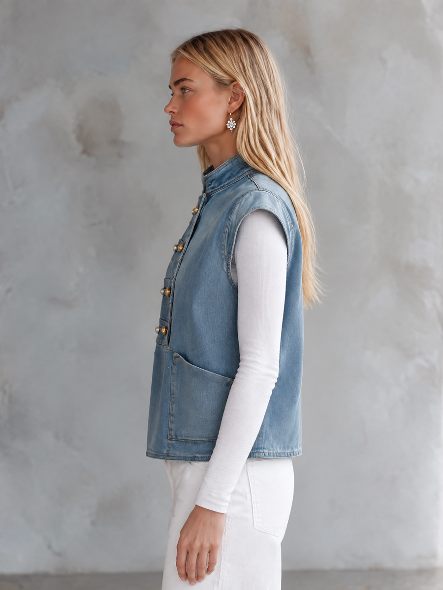Women's Denim Military Top Cap Sleeve Gold Buttons Raw Edge Boxy