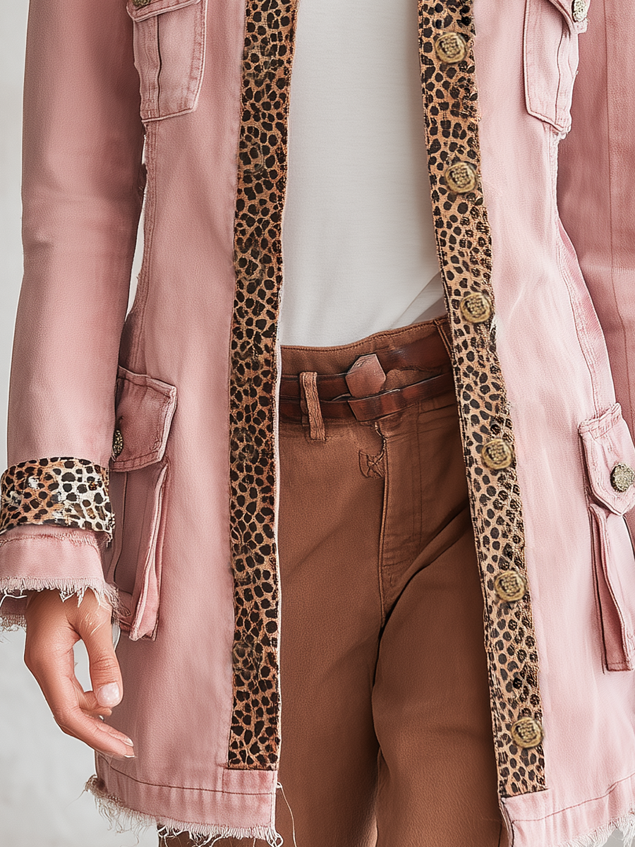 Women's Pink Military Denim Jacket Leopard Trim Gold Buttons Frayed Hem