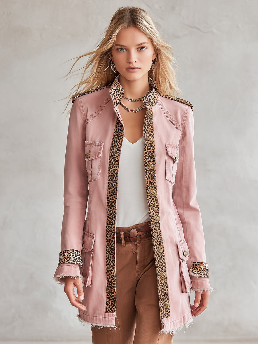 Women's Pink Military Denim Jacket Leopard Trim Gold Buttons Frayed Hem