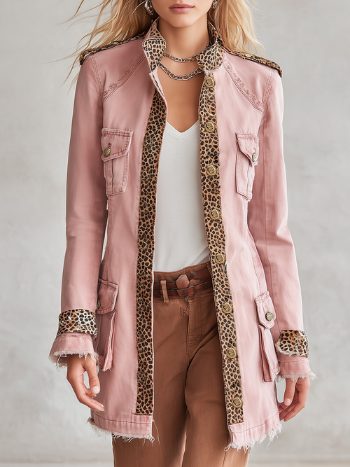 Women's Pink Military Denim Jacket Leopard Trim Gold Buttons Frayed Hem