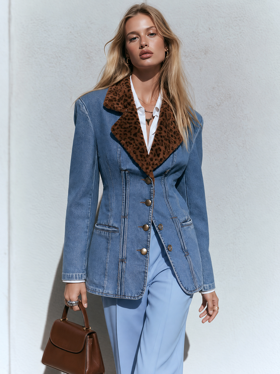 Women's Denim Blazer Leopard Faux Fur Collar Gold Buttons Fitted Jacket