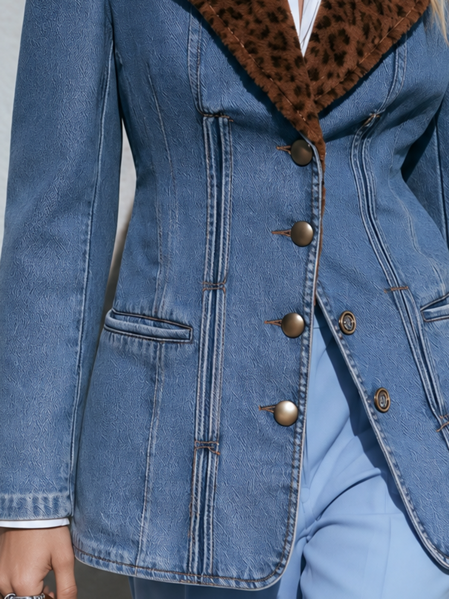 Women's Denim Blazer Leopard Faux Fur Collar Gold Buttons Fitted Jacket