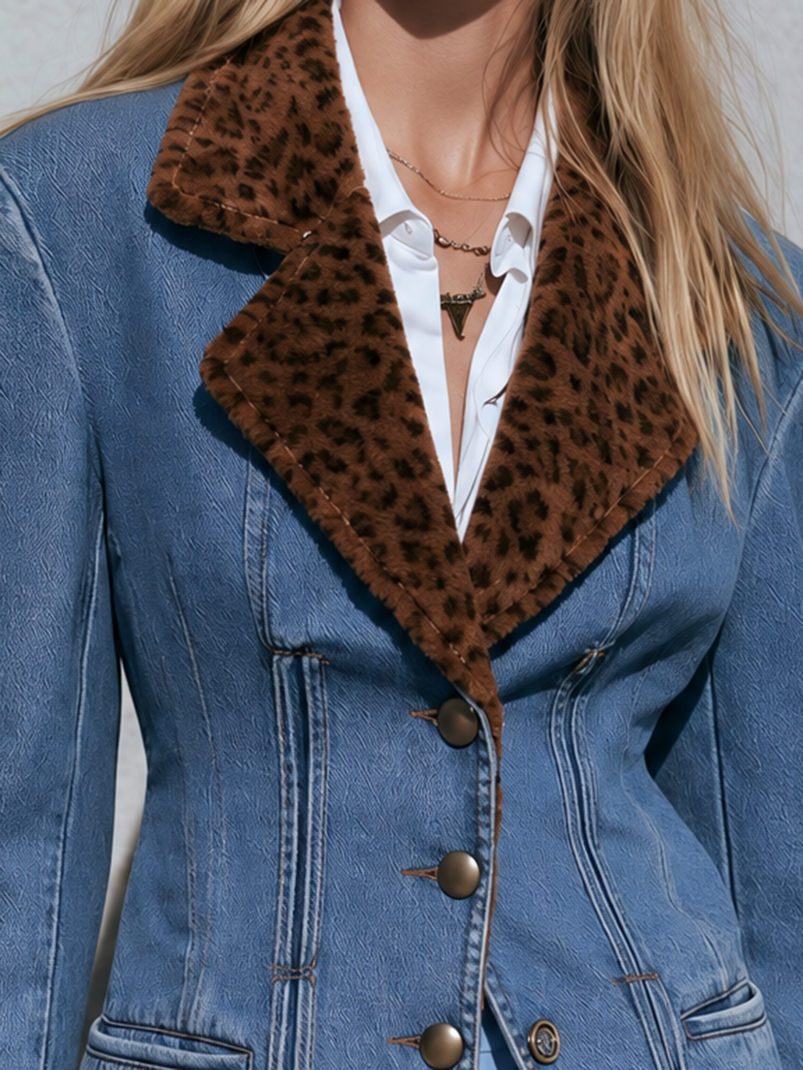 Women's Denim Blazer Leopard Faux Fur Collar Gold Buttons Fitted Jacket