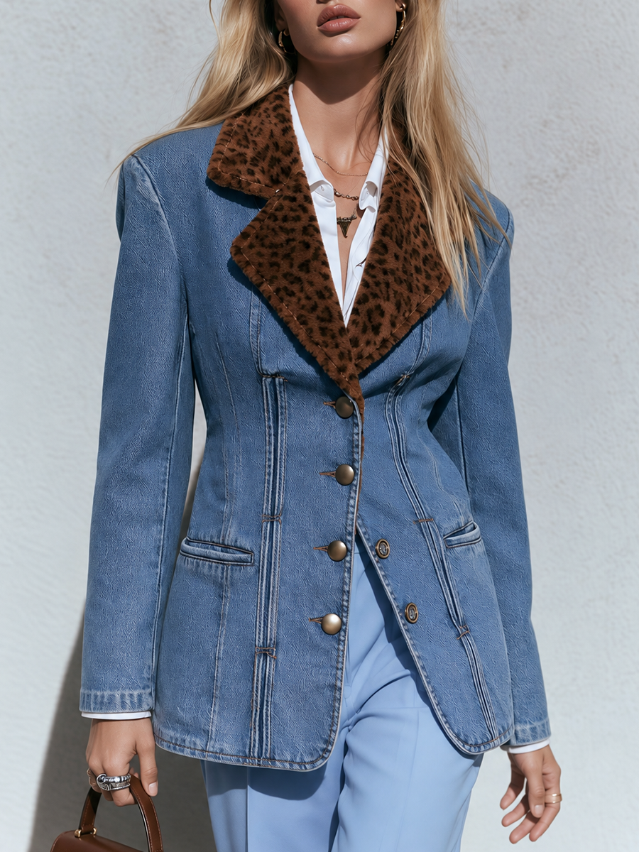 Women's Denim Blazer Leopard Faux Fur Collar Gold Buttons Fitted Jacket