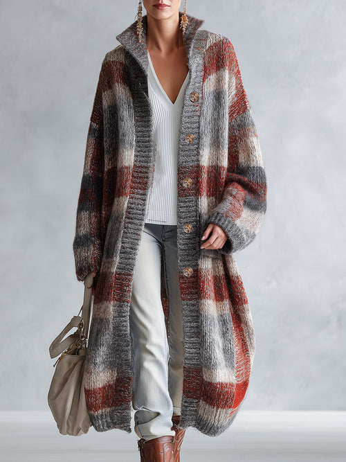 Retro Warm Plaid Knit Stand-Collar Long Cardigan
