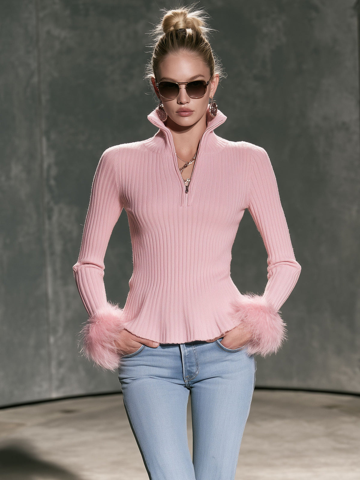 Women's Fashion Half-Zip Long-Sleeve Pink Knit Ribbed Sweater