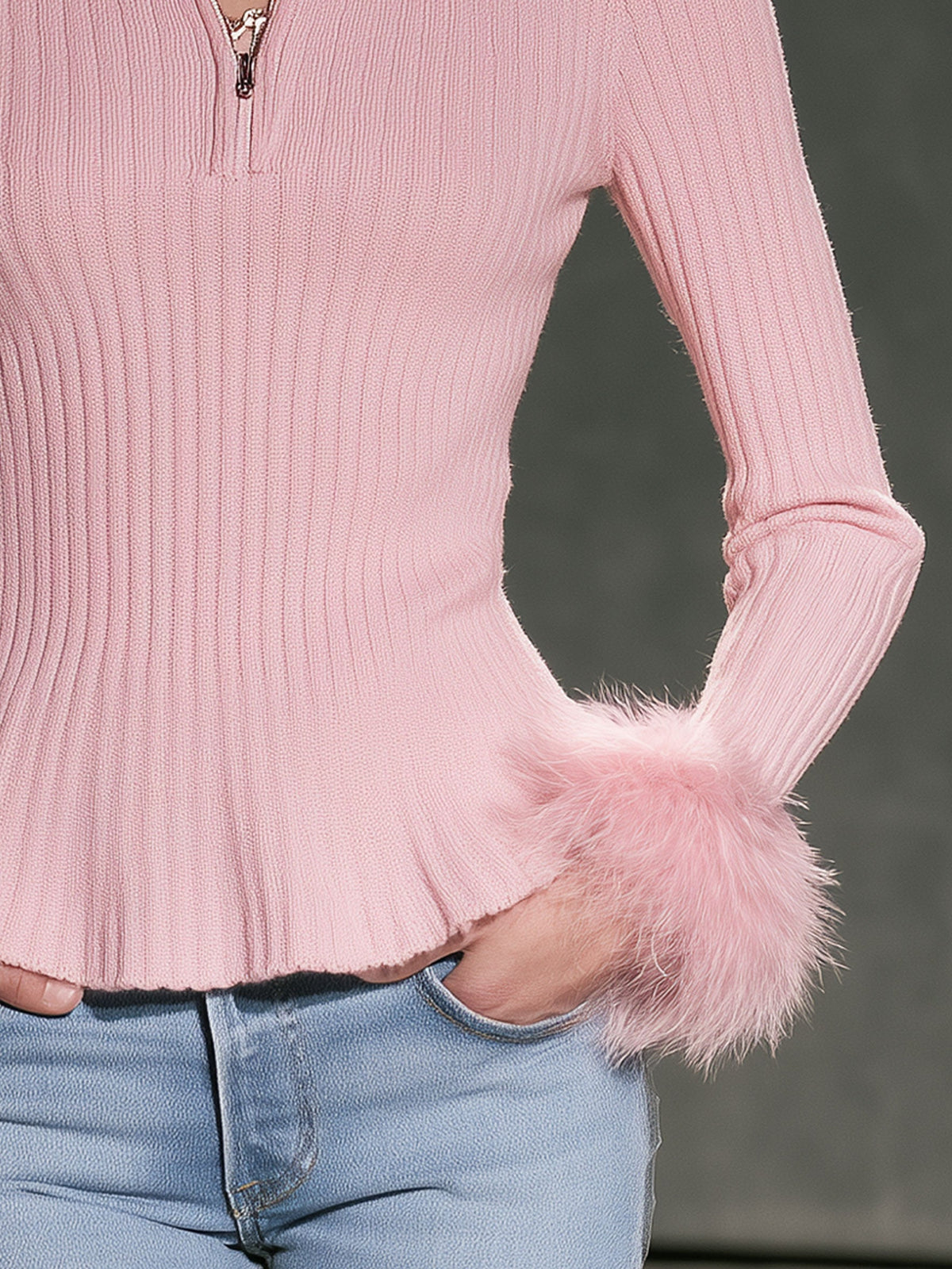 Women's Fashion Half-Zip Long-Sleeve Pink Knit Ribbed Sweater