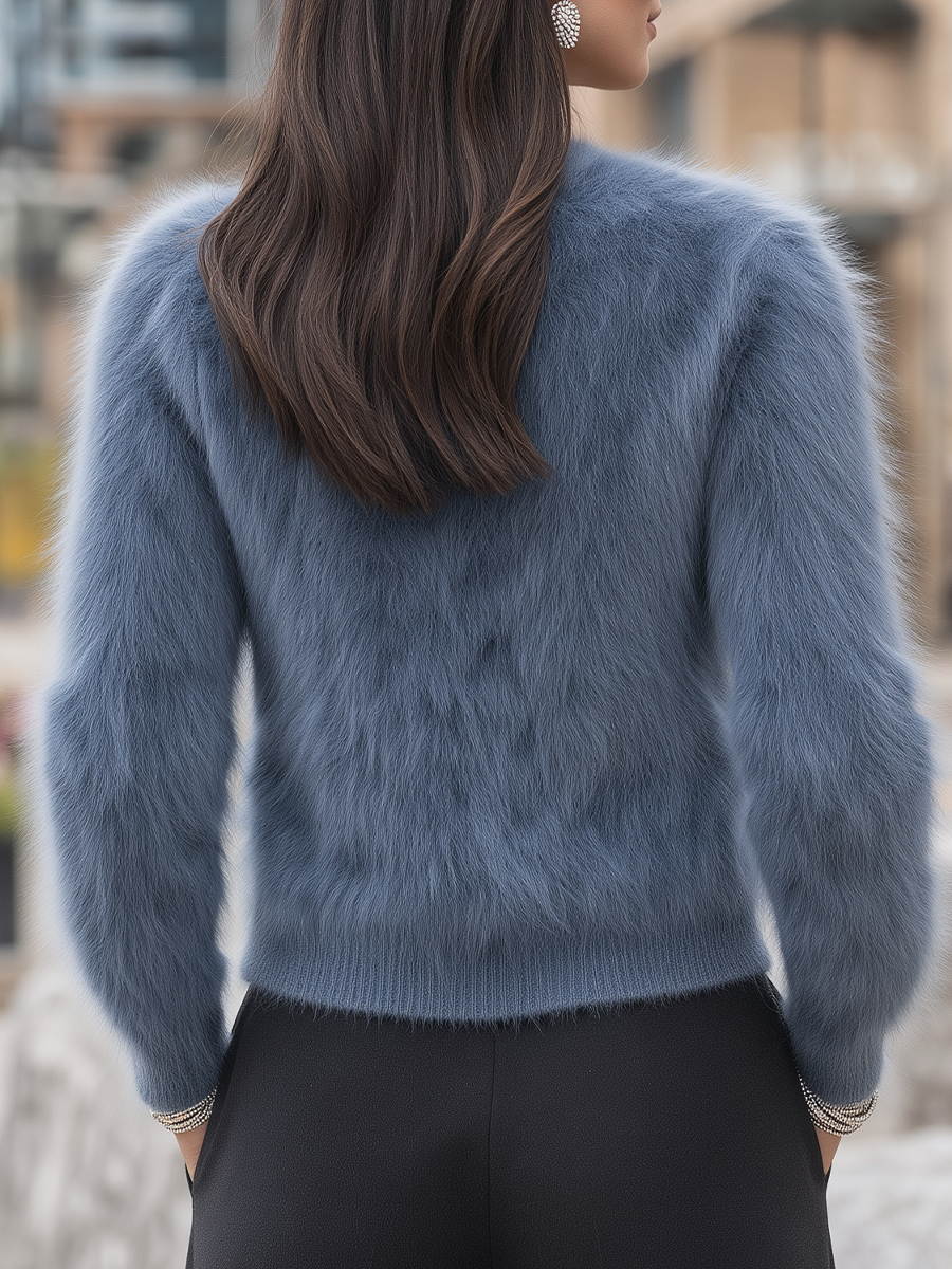 Dusty Blue Fuzzy Mohair Round Neck Knit Cardigan