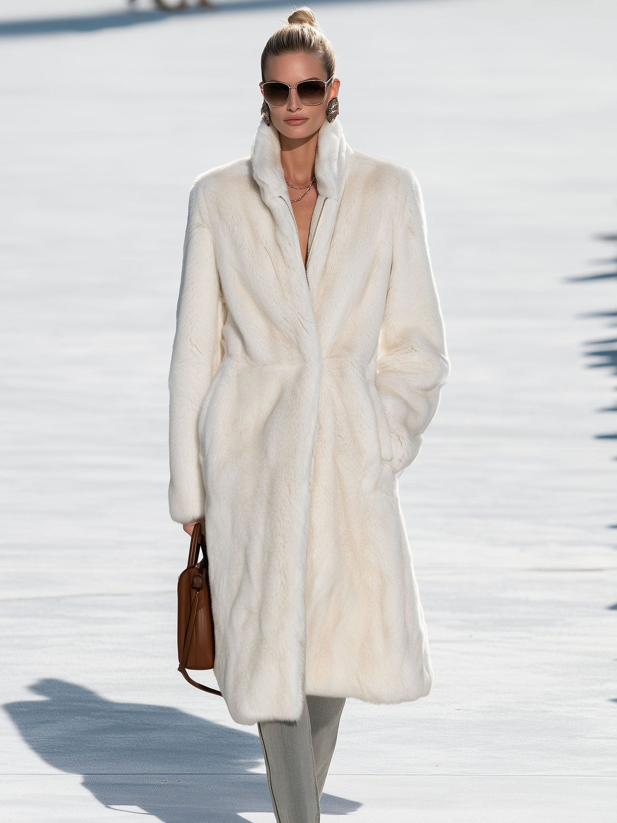 Stylish And Simple Zippered Off-white Faux Fur Mid-length Coat