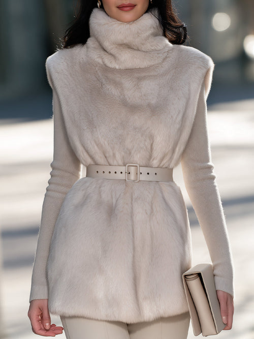 Belted Faux Fur Turtleneck Sleeveless Vest