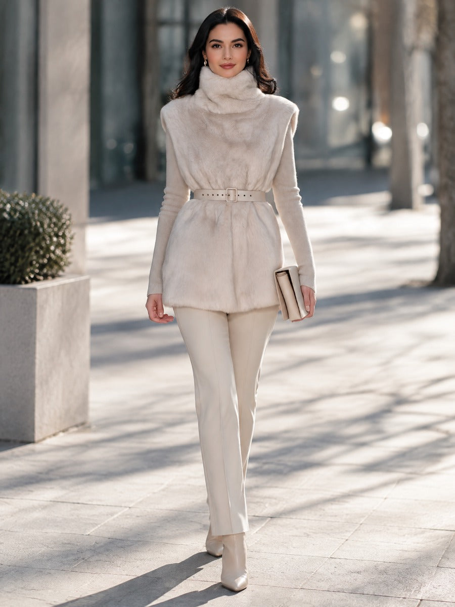 Belted Faux Fur Turtleneck Sleeveless Vest