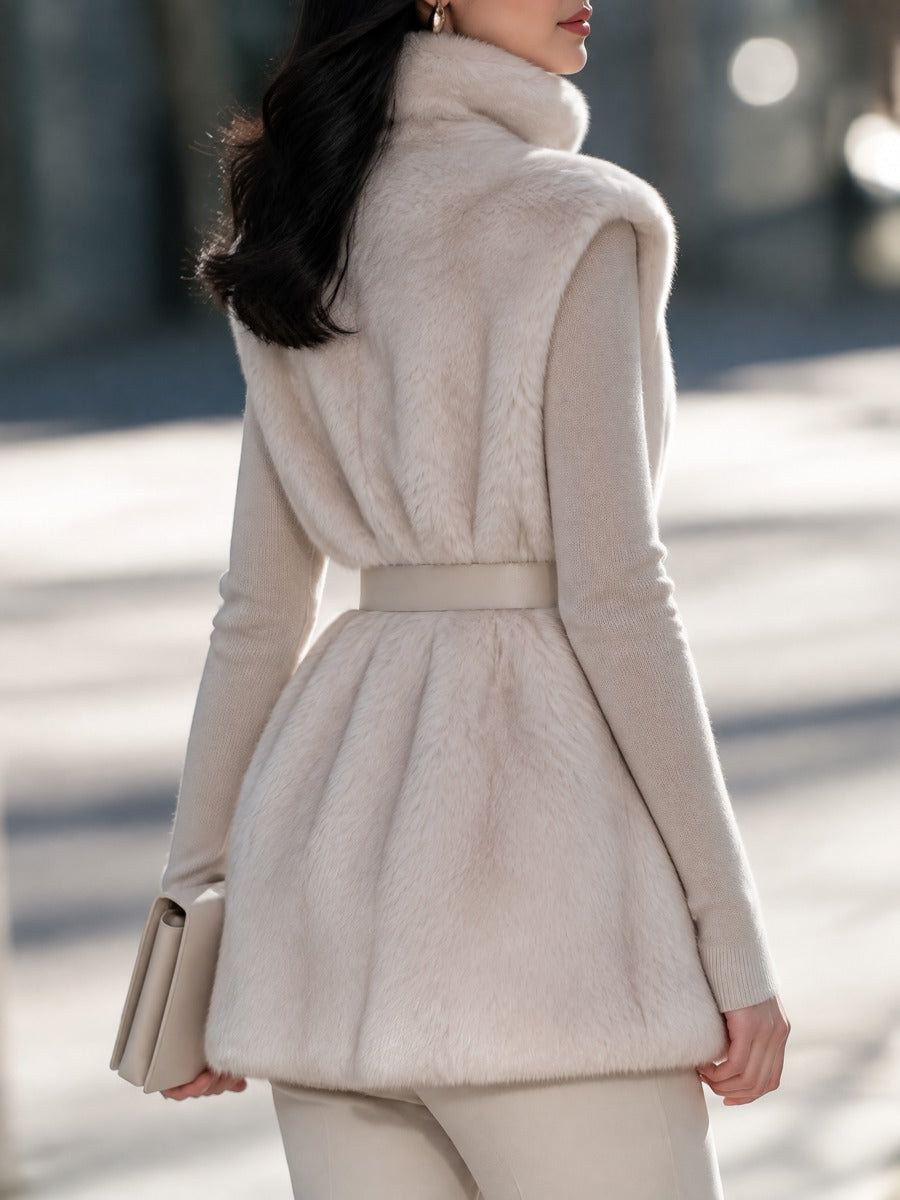 Belted Faux Fur Turtleneck Sleeveless Vest