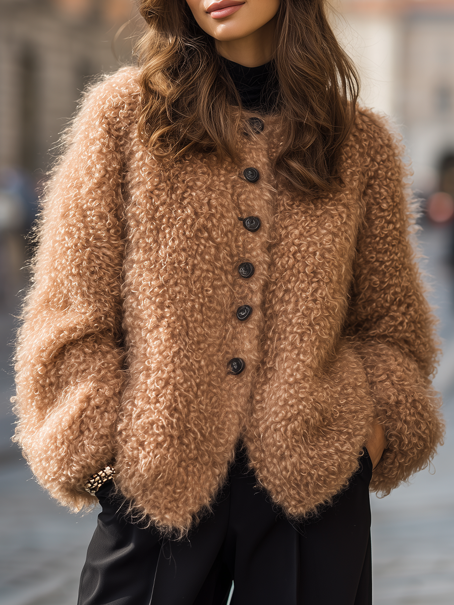Camel Curly Fuzzy Knit Round Neck Cardigan