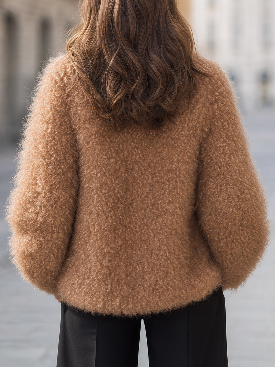 Camel Curly Fuzzy Knit Round Neck Cardigan