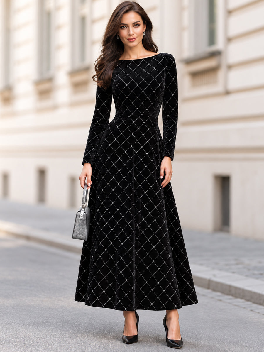 Black Velvet Boat Neck Long Sleeve Maxi Dress