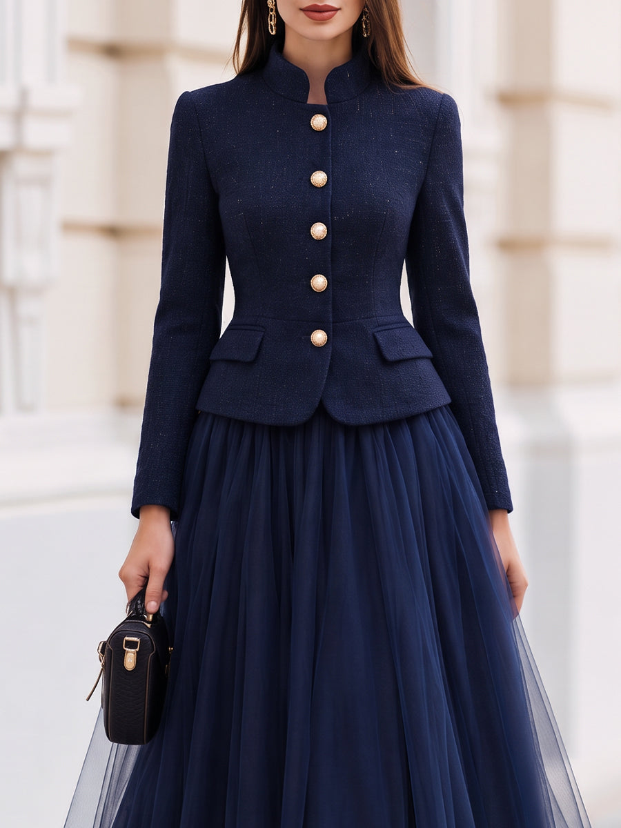 Tweed Stand‑Collar Peplum Jacket And Tulle Midi Skirt Two‑Piece Set