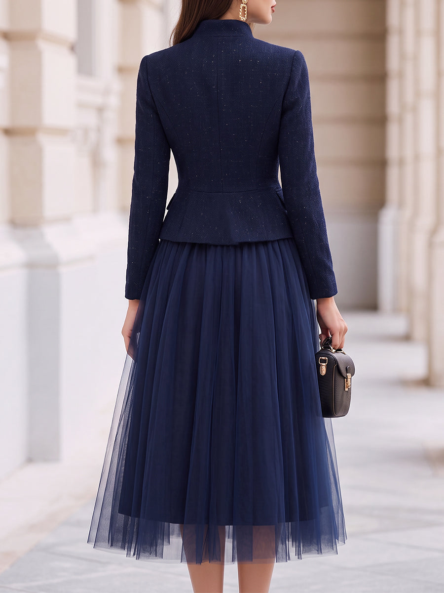 Tweed Stand‑Collar Peplum Jacket And Tulle Midi Skirt Two‑Piece Set