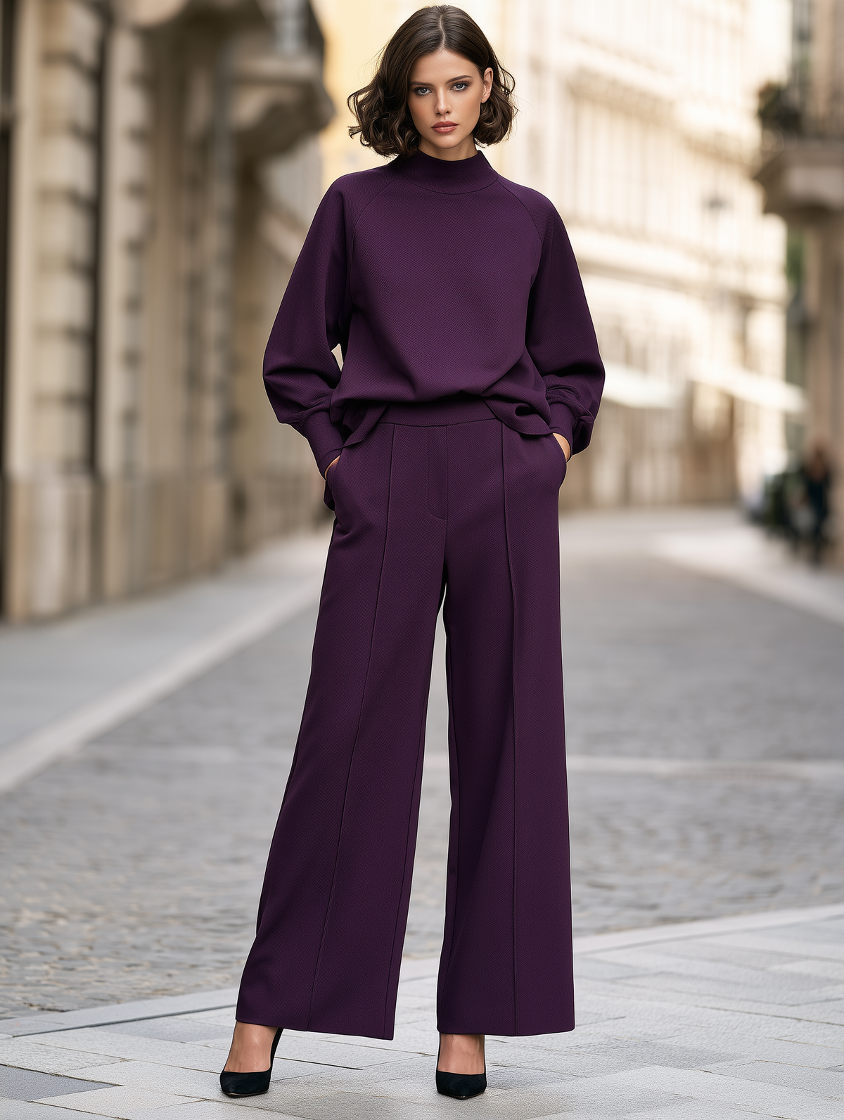Mock-Neck Top And Wide-Leg Pants Two-Piece Set