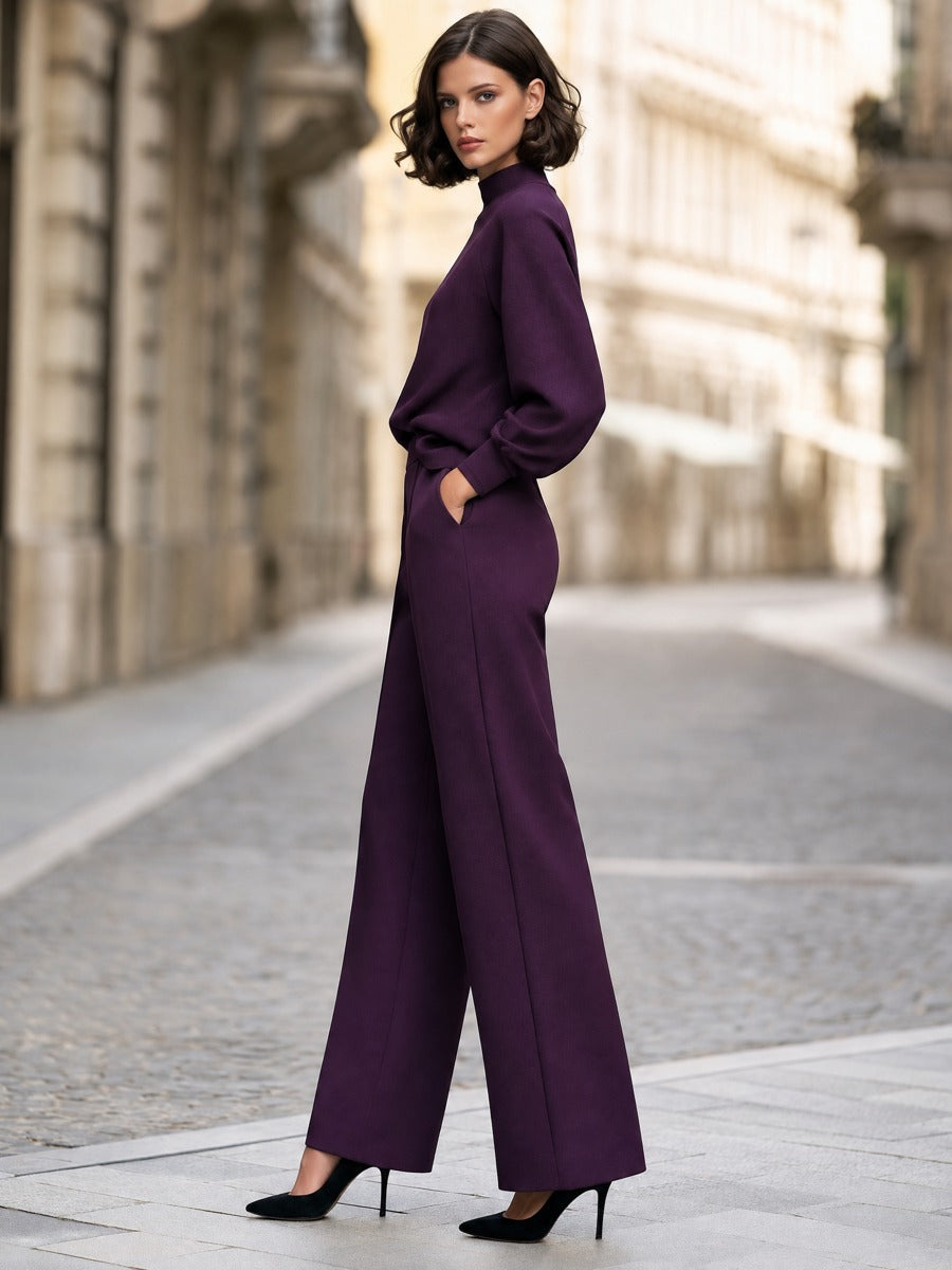 Mock-Neck Top And Wide-Leg Pants Two-Piece Set