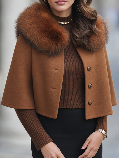 Caramel Faux Fur Collar Cape Wool Coat Set