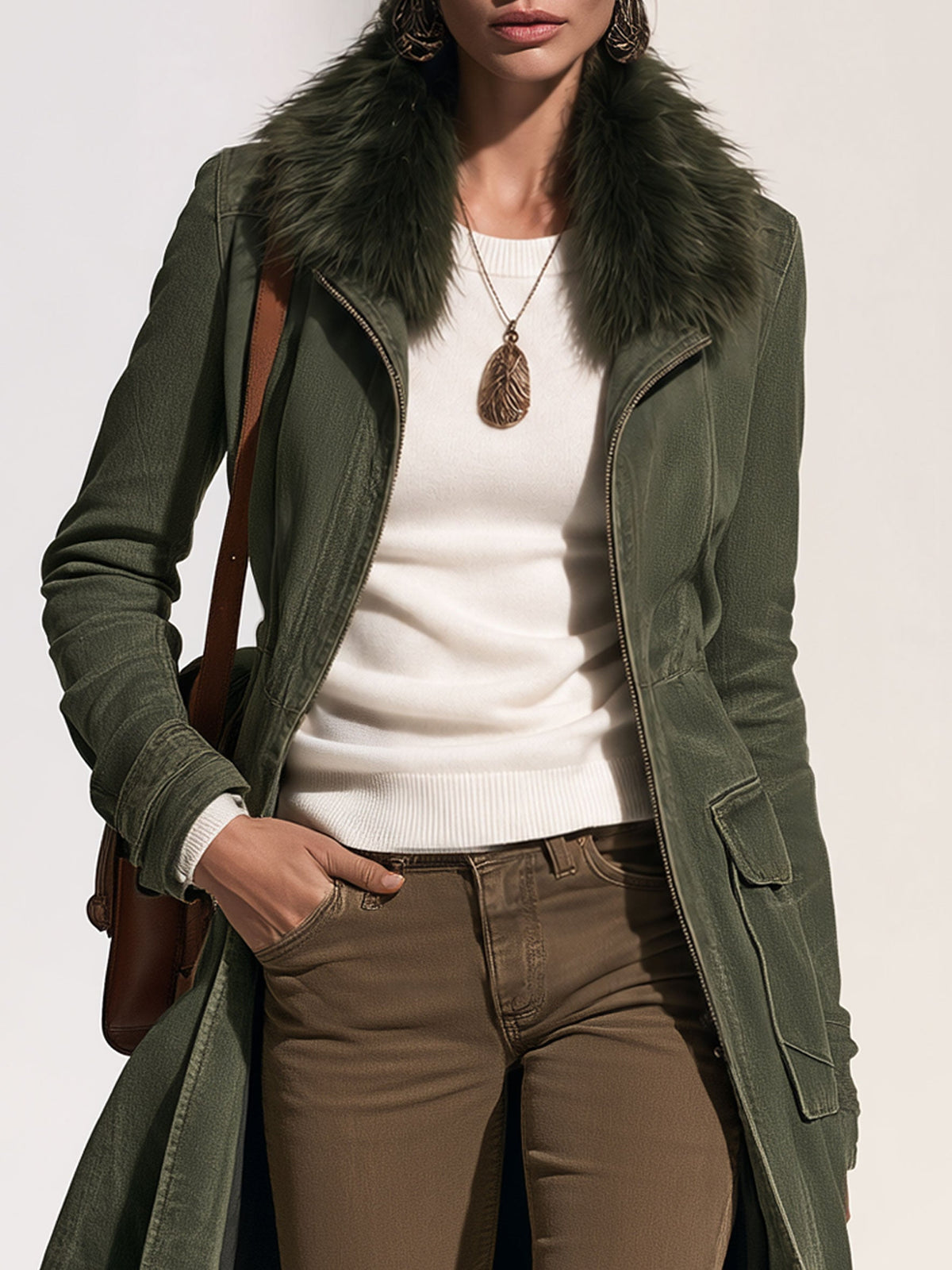 Casual Retro Faux Fur Collar Zipper Washed Gray-green Denim Long Coat