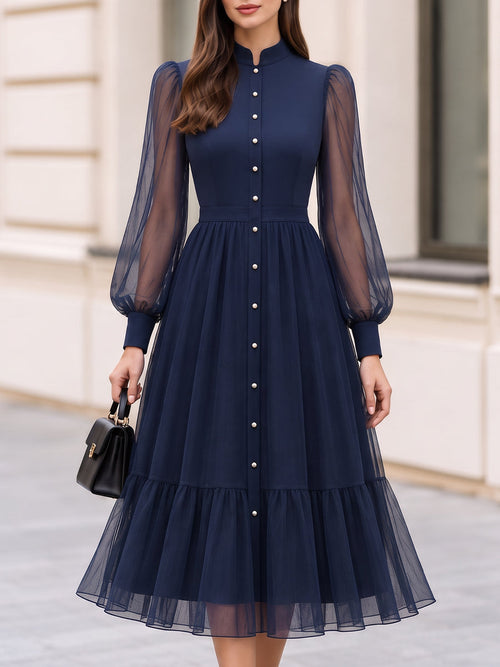 Stand Collar Sheer Mesh Bishop Sleeve Tiered Midi Dress