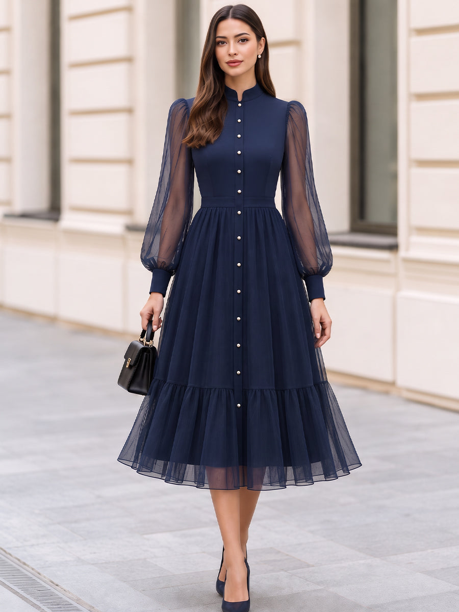 Stand Collar Sheer Mesh Bishop Sleeve Tiered Midi Dress