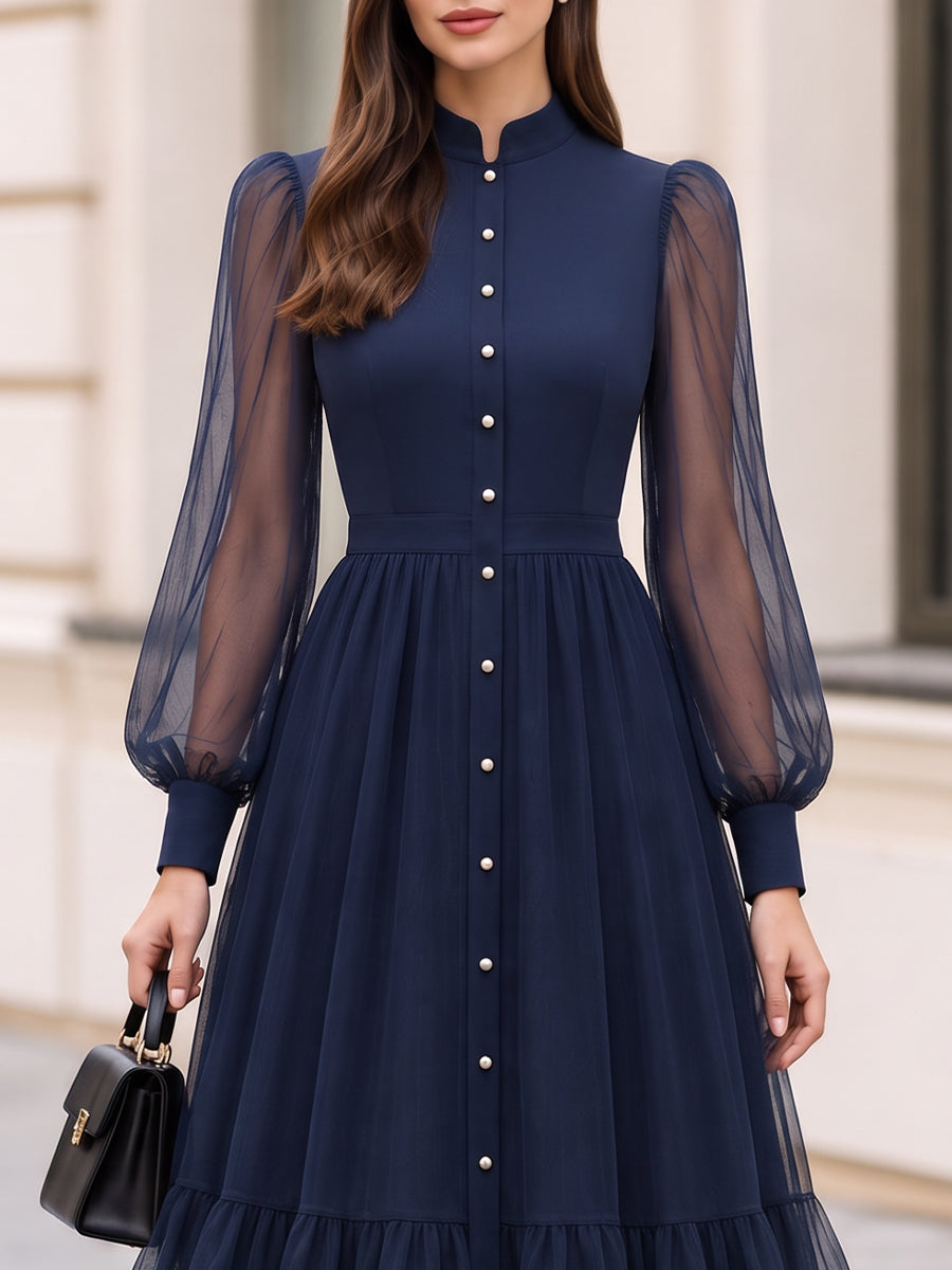 Stand Collar Sheer Mesh Bishop Sleeve Tiered Midi Dress