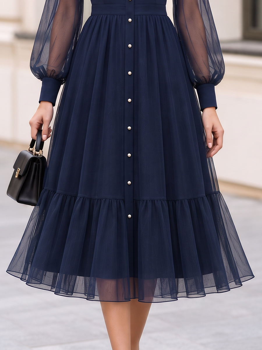 Stand Collar Sheer Mesh Bishop Sleeve Tiered Midi Dress