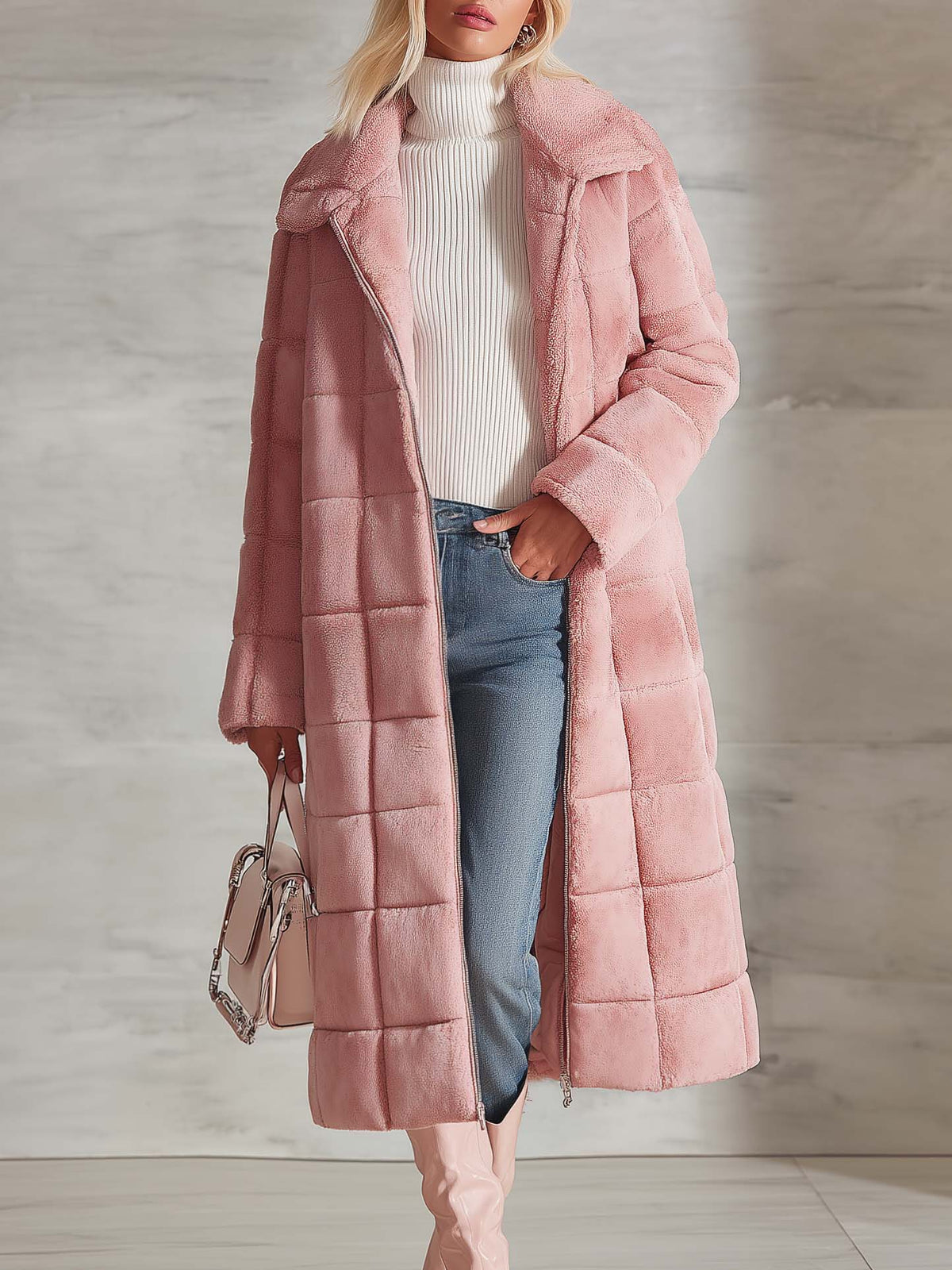 Cozy Elegant Women's Pink Plush Quilted Long Coat Zip-Up Lapel Warm Overcoat